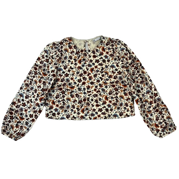 Zara Top Womens Cropped Quilted Floral Large Crew Neck Long Sleeve Peasant - Picture 1 of 6